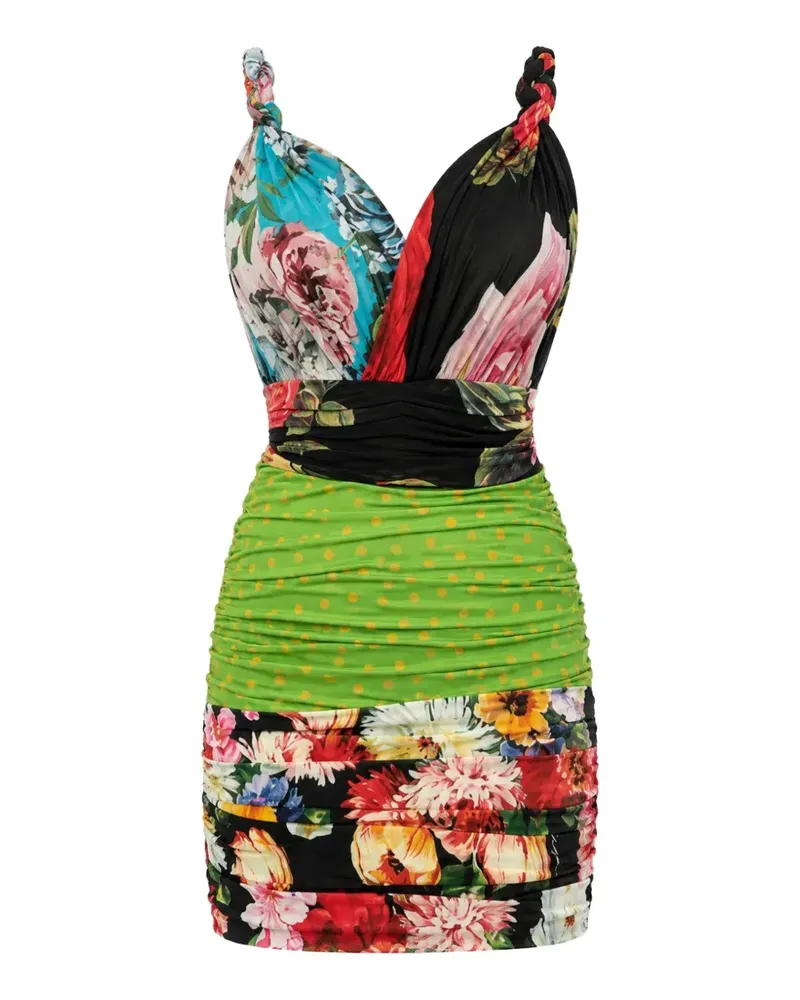 Dolce & Gabbana Gerafftes Minikleid mit Blumen-Patchwork - Schwarz Schwarz