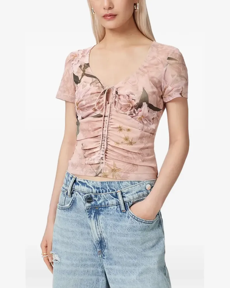 AllSaints floral-print ruched slim fit T-shirt - Rosa Rosa