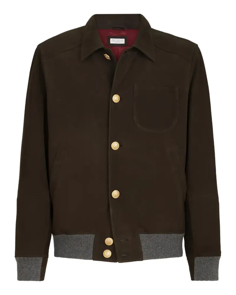 Brunello Cucinelli Bomberjacke aus Nubuk im Hemdenstil mit Kaschmireinsätzen und Metallknöpfen - Braun Braun