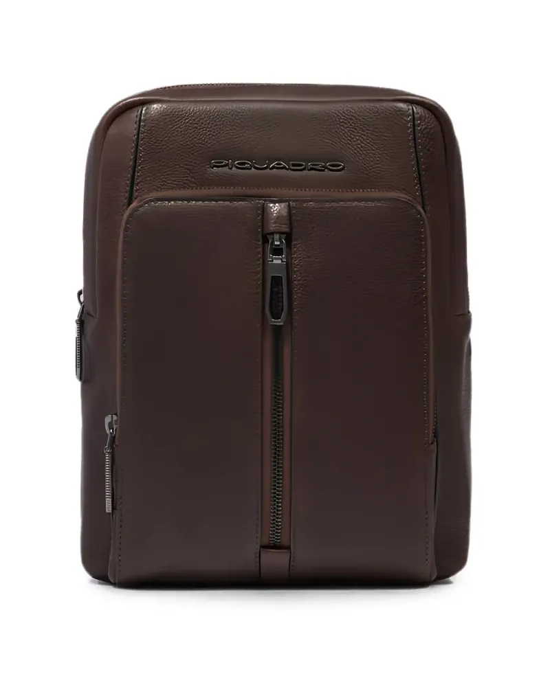 Piquadro Rucksack aus strukturiertem Leder mit Logo-Schild - Braun Braun