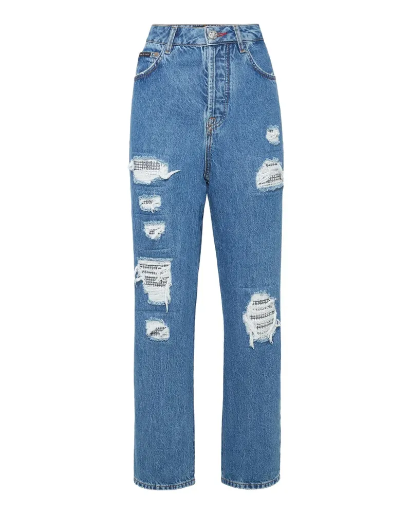 Philipp Plein distressed crystal-embellished jeans - Blau Blau