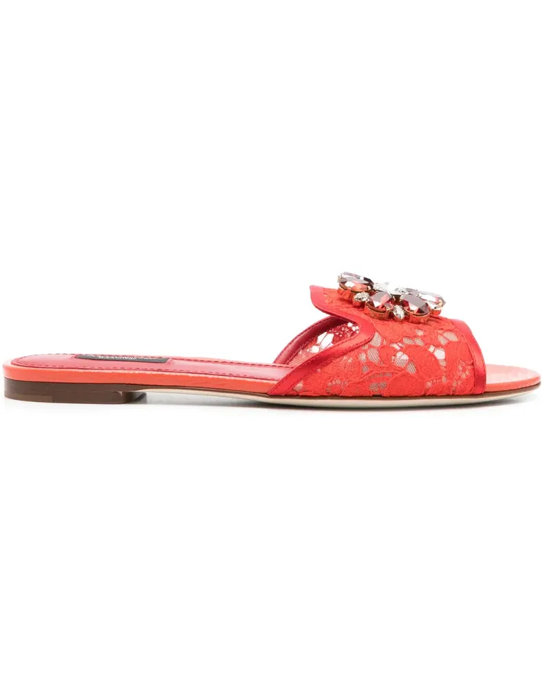 Dolce & Gabbana Pantoletten aus Spitze mit Brosche - Rot Rot
