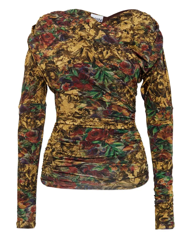 Ganni floral long-sleeve top - Nude Nude
