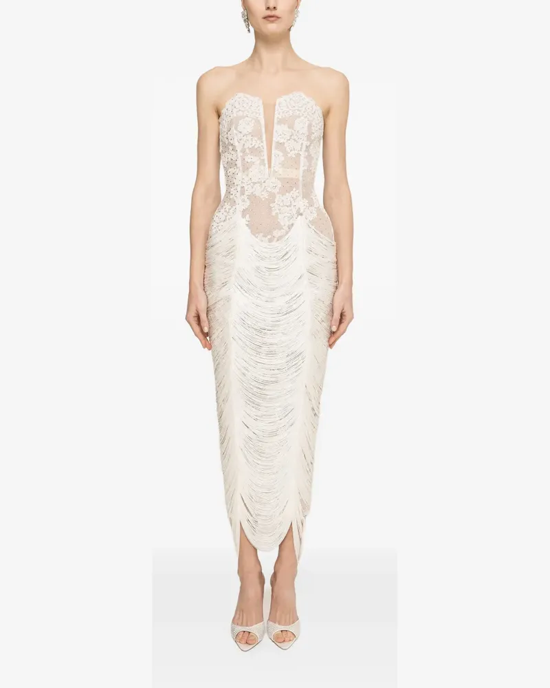 NISSA fringed-hem lace midi dress - Nude Nude
