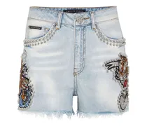 Tattoo Jeans-Shorts mit Nieten - Blau