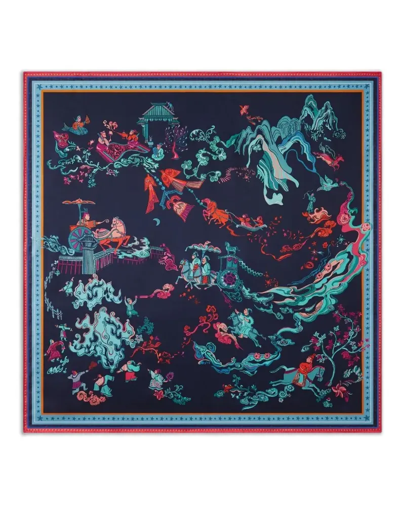 Shanghai Tang Tang printed border scarf - Blau Blau