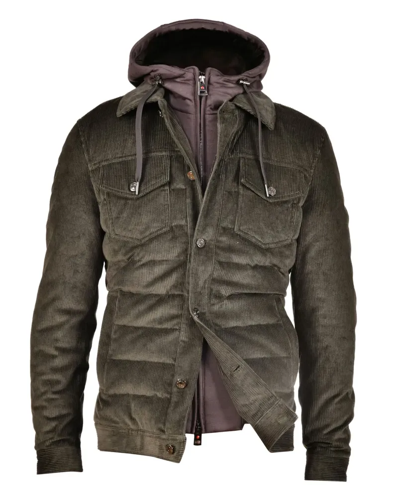 Kiton Gesteppter Cordmantel mit abnehmbarer Kapuze - Grün Grün