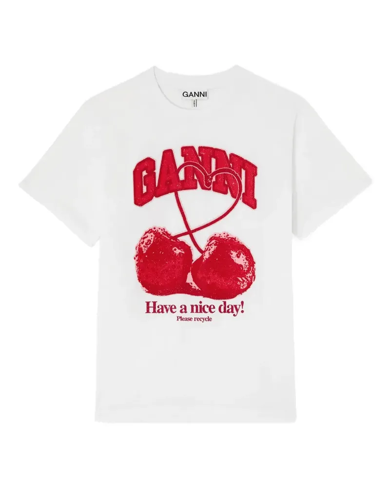 Ganni bead-embellished chery-print T-shirt - Weiß Weiß