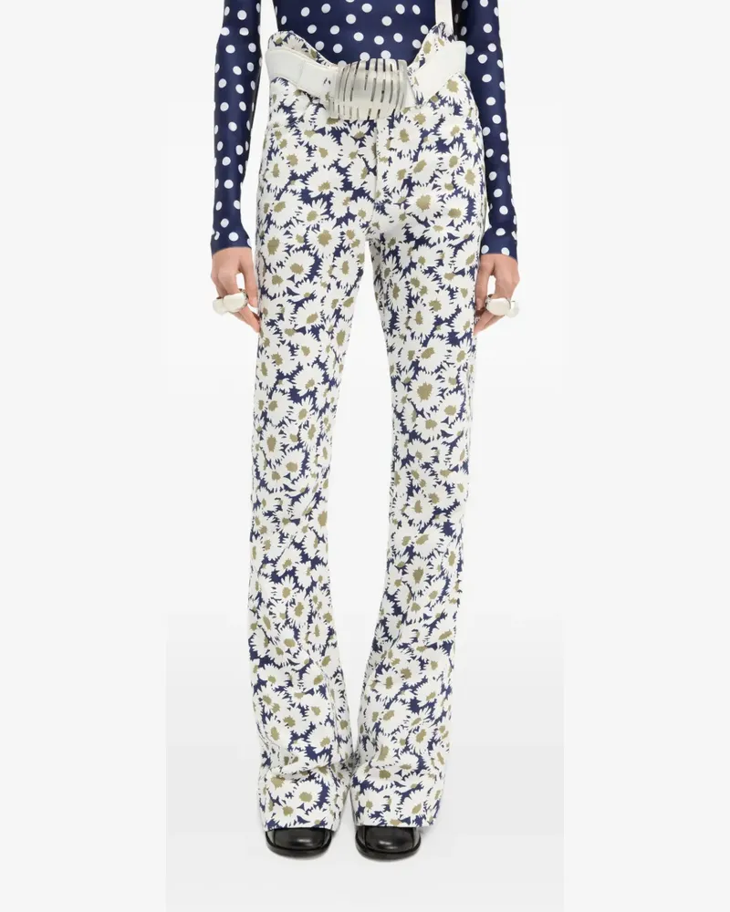 Jean Paul Gaultier The Curved Schlagjeans mit Blumen-Print - Weiß Weiß