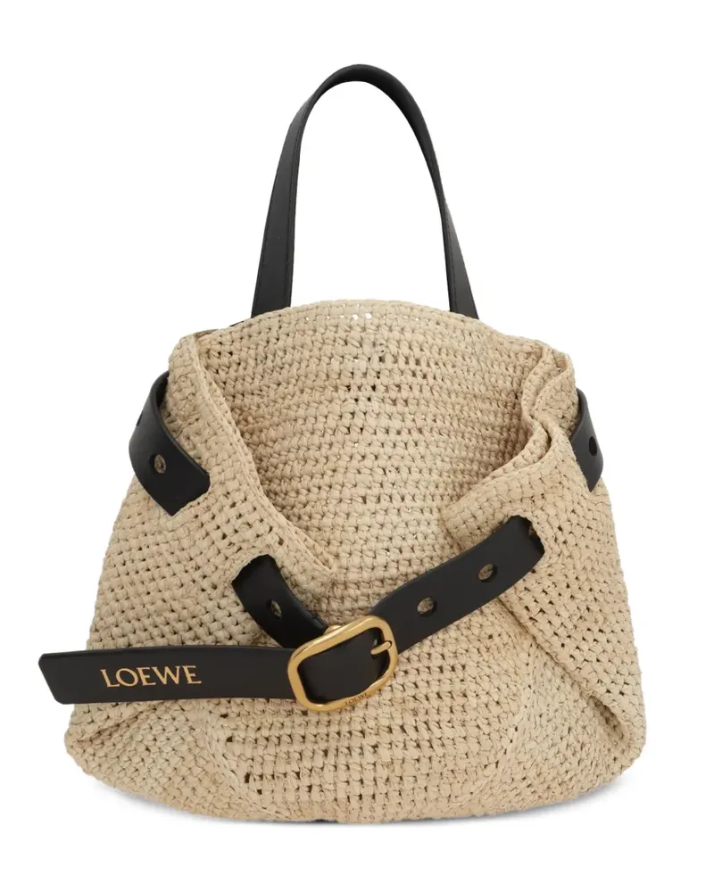 Loewe Mini Punch Hole Umhängetasche aus Raffiabast - Nude Nude