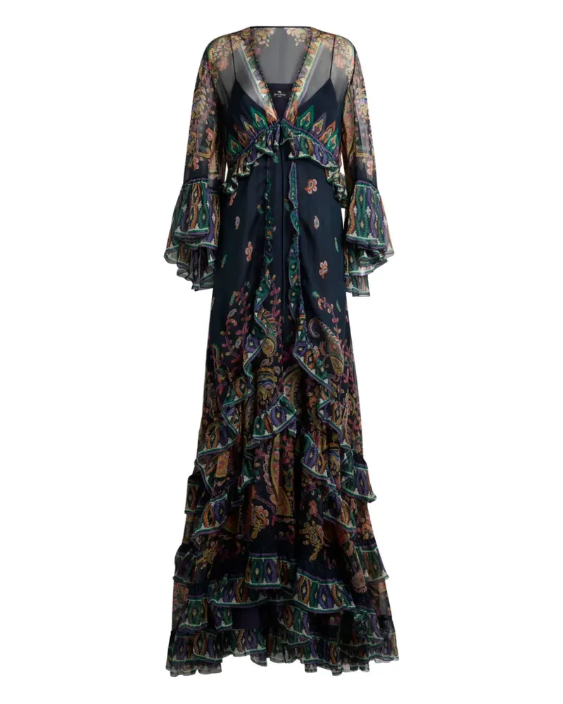 Etro Gerüschtes Kleid mit Paisley-Print - Blau Blau
