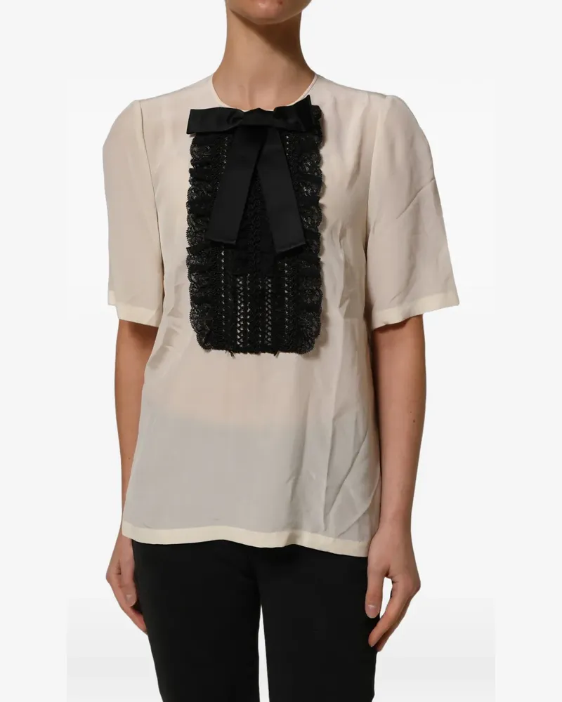 Dolce & Gabbana beige lace-trim bow short-sleeves blouse top - Nude Nude