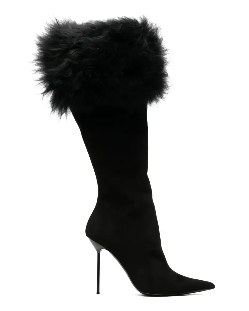 Paris Texas Lange schwarze Lidia Stiefel aus Wildleder mit Fell Schwarz