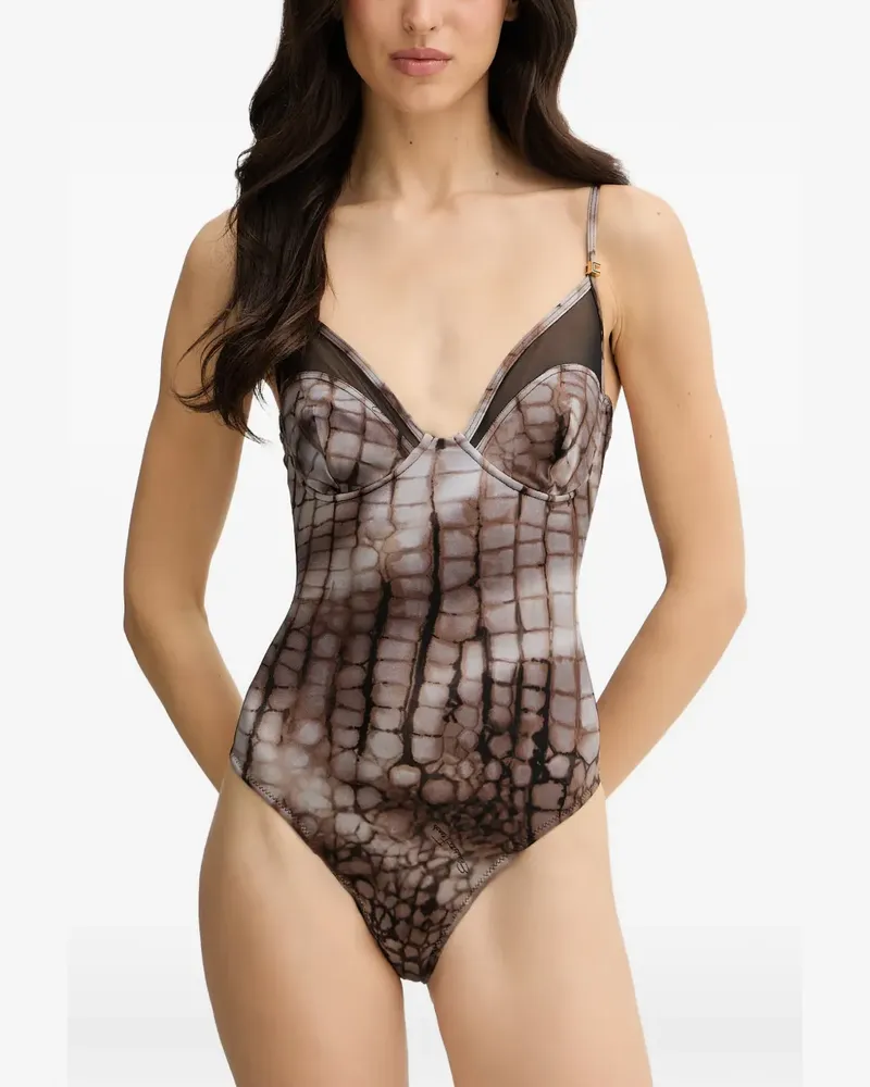 Elisabetta Franchi crocodile-effect mesh-panel swimsuit - Braun Braun