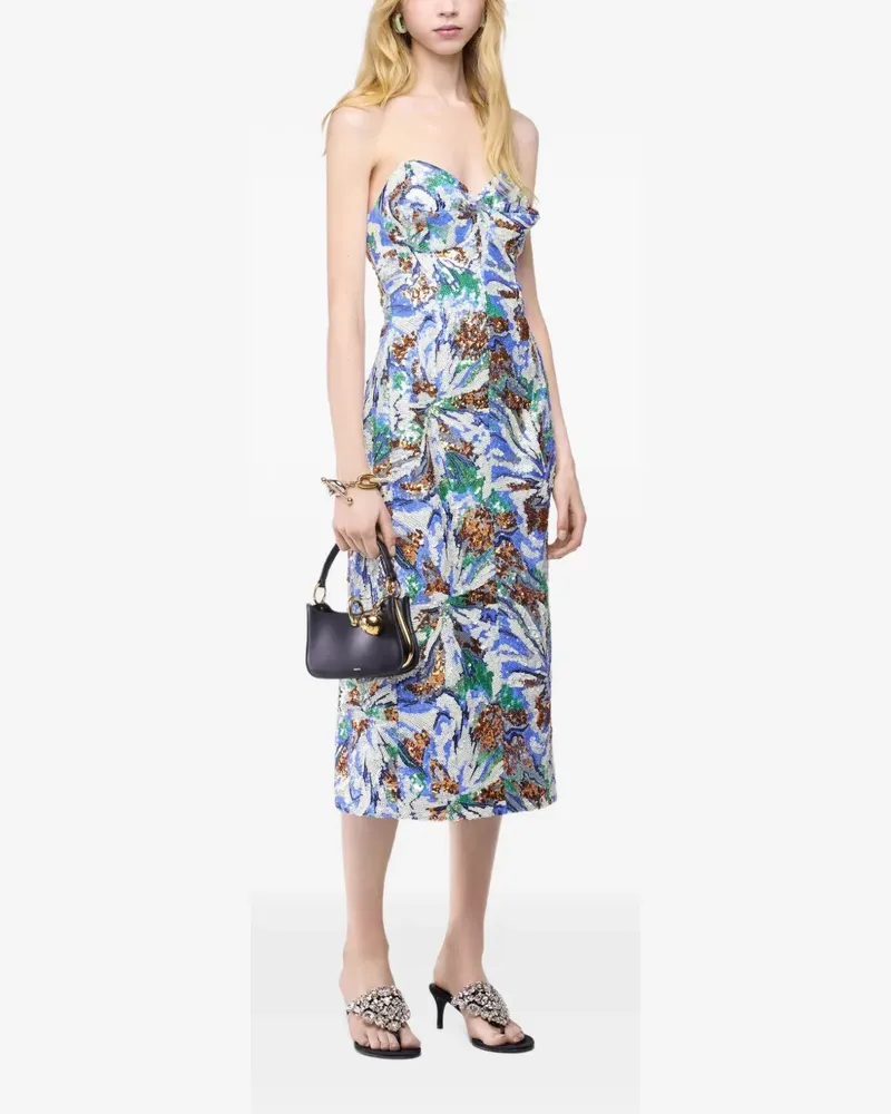 Paco Rabanne Midikleid mit Blumenstickerei aus Pailletten - Blau Blau