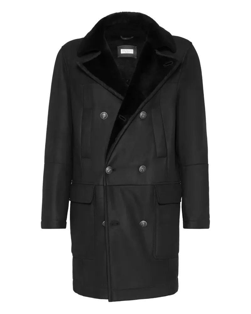 Brunello Cucinelli Doppelreihiger Mantel mit Shearling-Kragen - Schwarz Schwarz