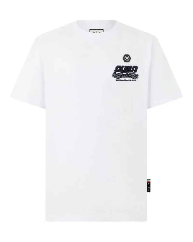 Philipp Plein Kurzärmeliges Jersey-T-Shirt mit rundem Ausschnitt und Rennwagenmotiv - Weiß Weiß