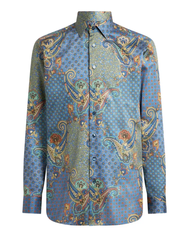 Etro shirt in cotton satin with Paisley and tie motif - Blau Blau