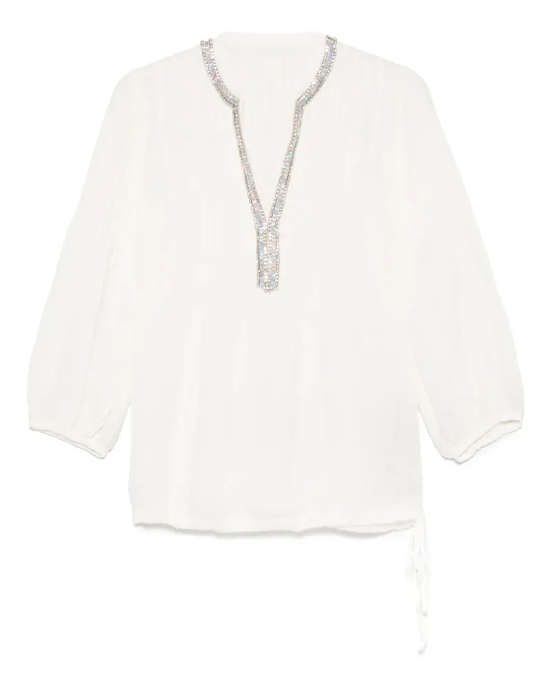 120% Lino Bluse mit Kristallverzierung - Weiß Weiß