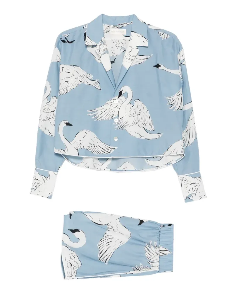 Olivia von Halle Lucia Laia Pyjama mit Schwan-Print - Blau Blau
