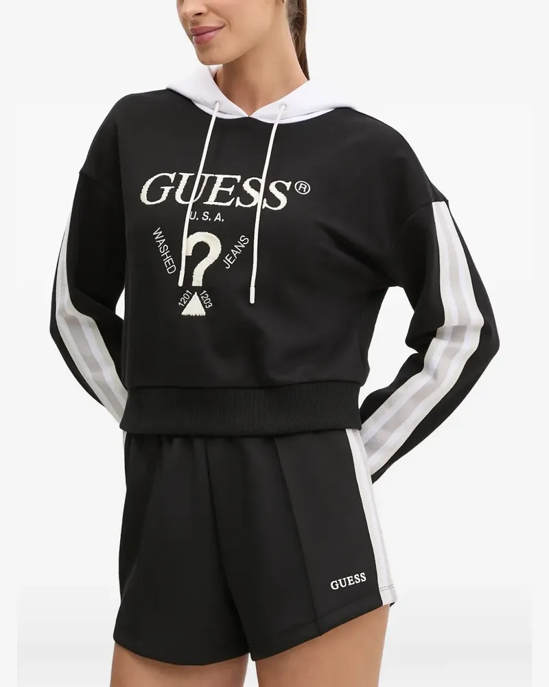 Guess logo-embroidered striped-sleeve hoodie - Schwarz Schwarz