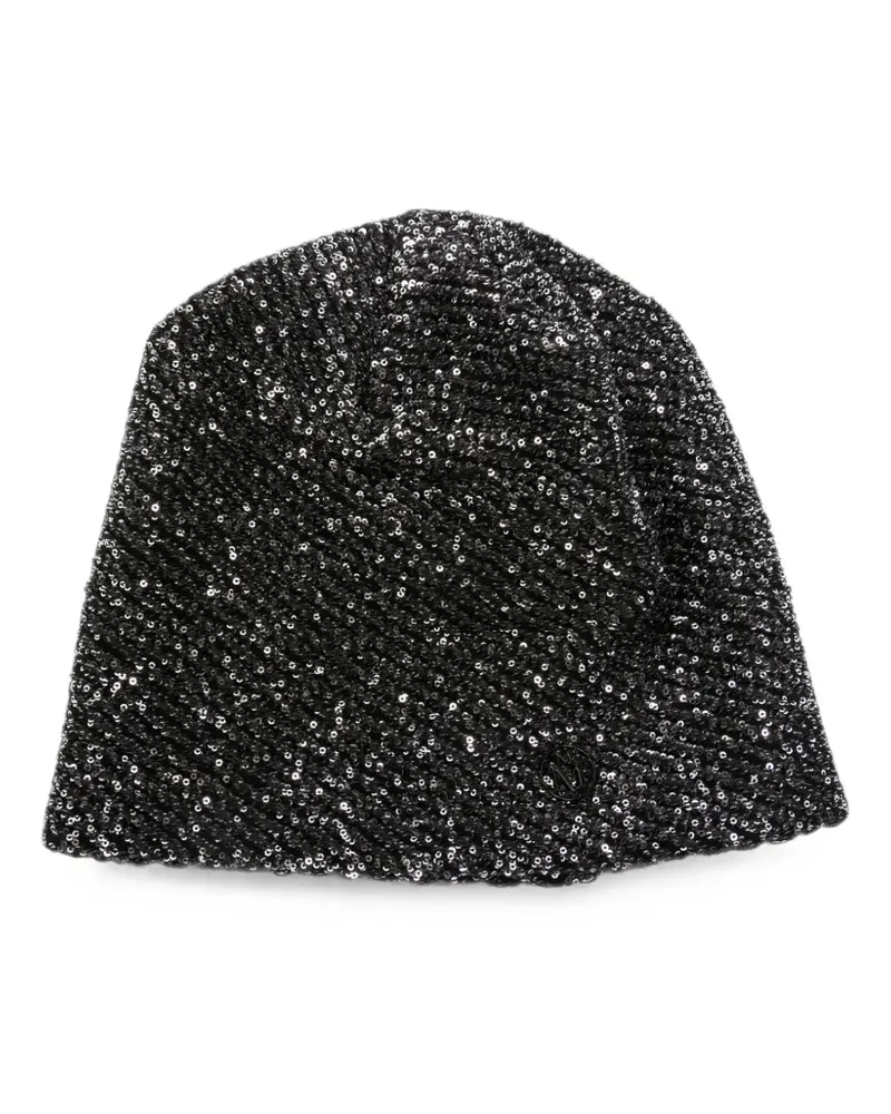 Maison Michel Beanie mit Pailletten und Logo-Schild - Schwarz Schwarz