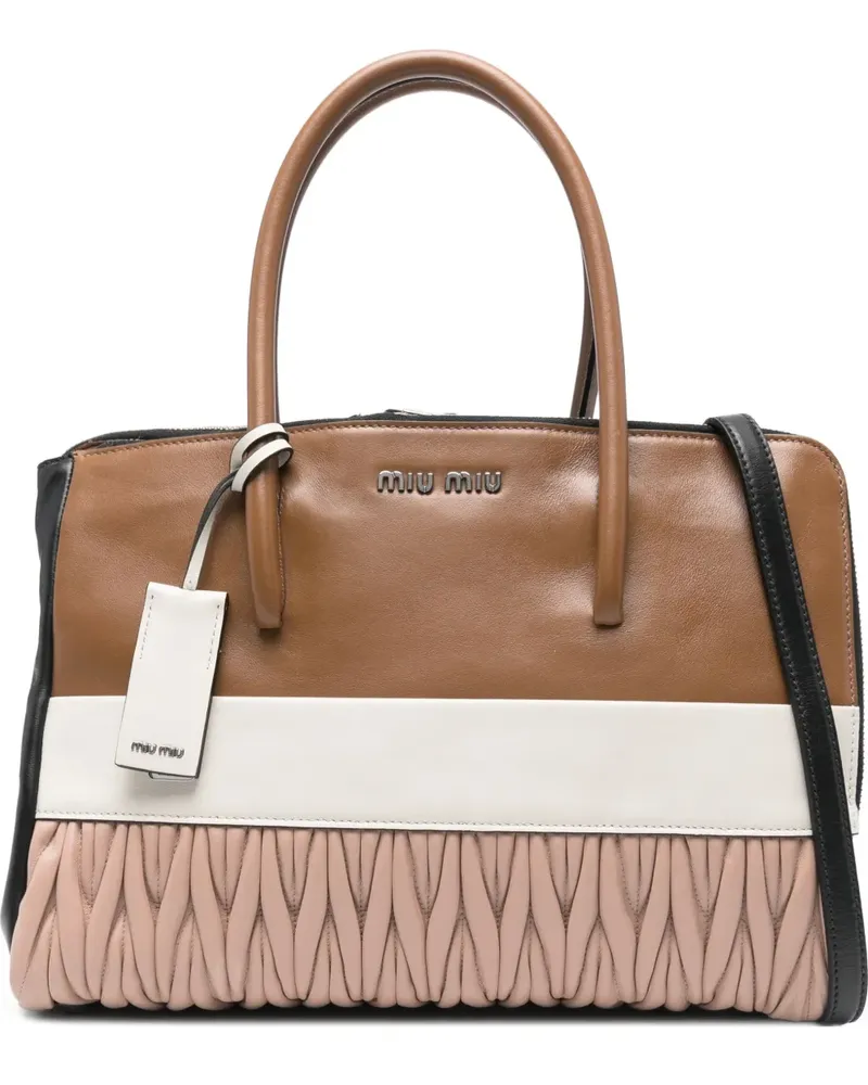 Miu Miu Geraffter Tote Bag mit Logo - Braun Braun