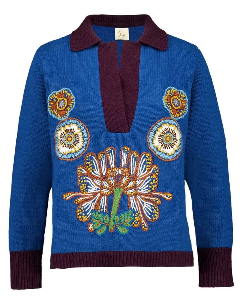 PAULA Pullover mit V-Ausschnitt und Stickerei - Blau Blau