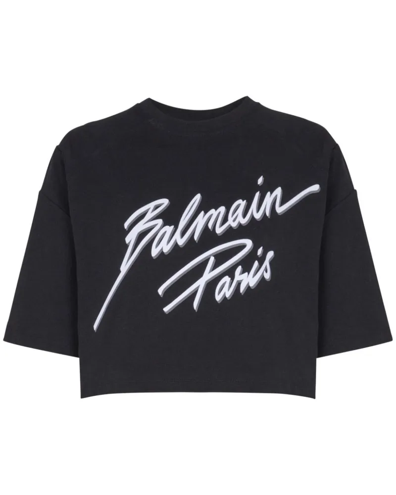 Balmain T-Shirt mit geflocktem Logo - Schwarz Schwarz