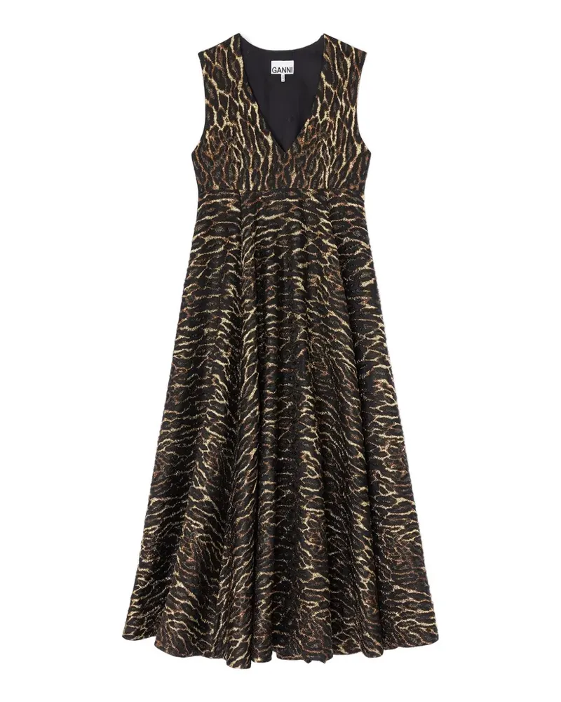 Ganni V-Ausschnitt-Midikleid mit Animal-Print - Schwarz Schwarz