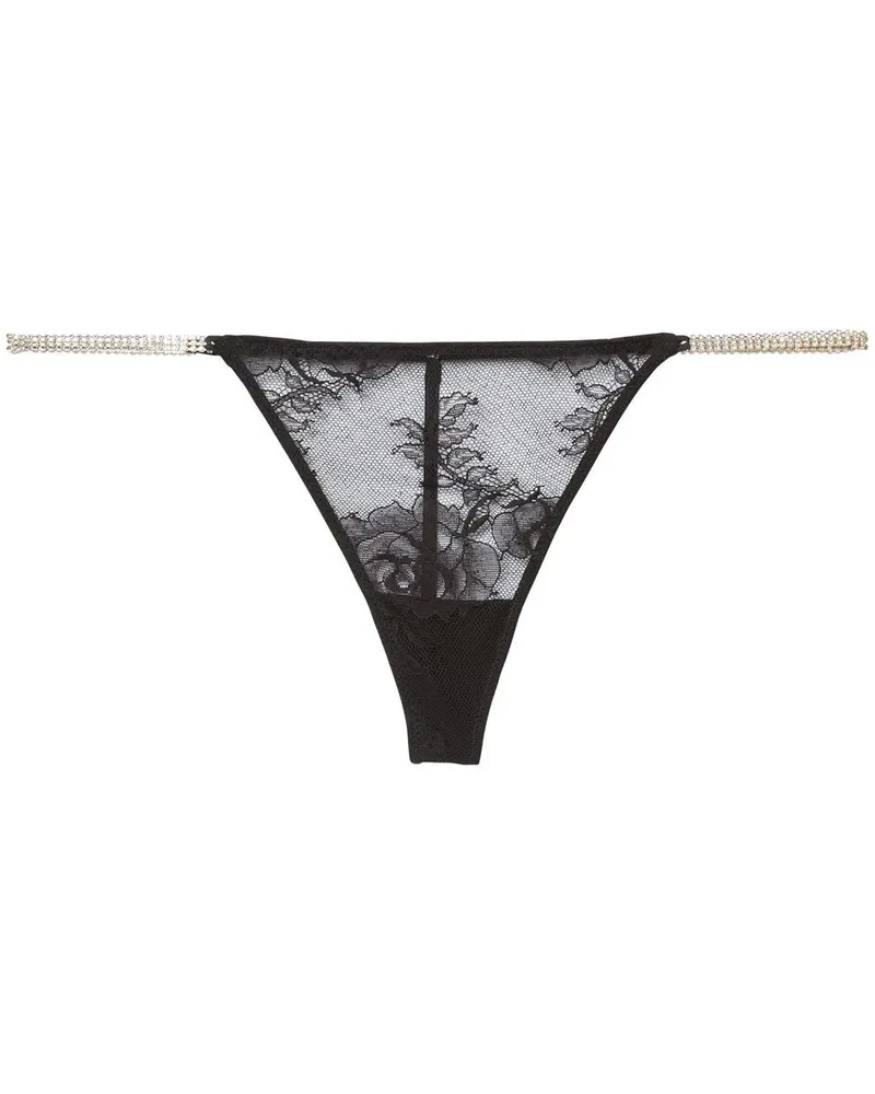 Fleur Du Mal Crystal Bouquet V-String aus Spitze - Schwarz Schwarz