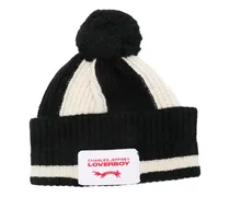 Pompom Beanie mit Streifen - Schwarz