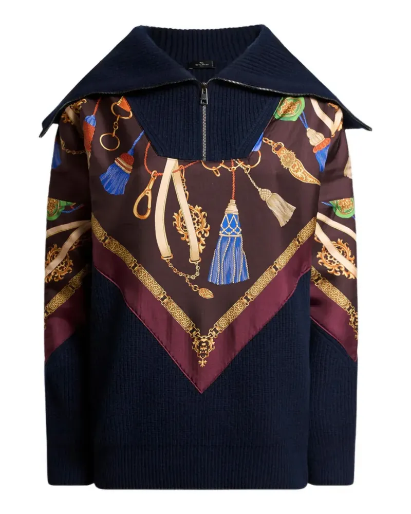 Etro wool and cashmere sweater with zip and silk insert - Blau Blau