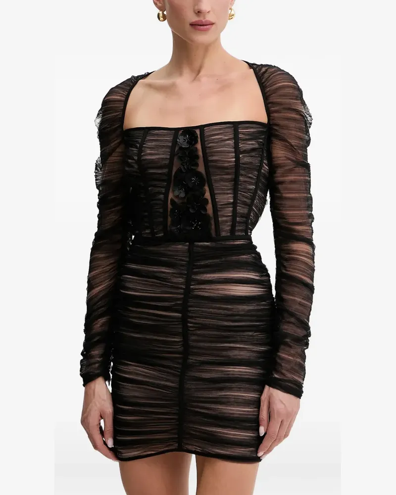 Elisabetta Franchi Gerafftes Minikleid mit Blumenapplikation - Schwarz Schwarz