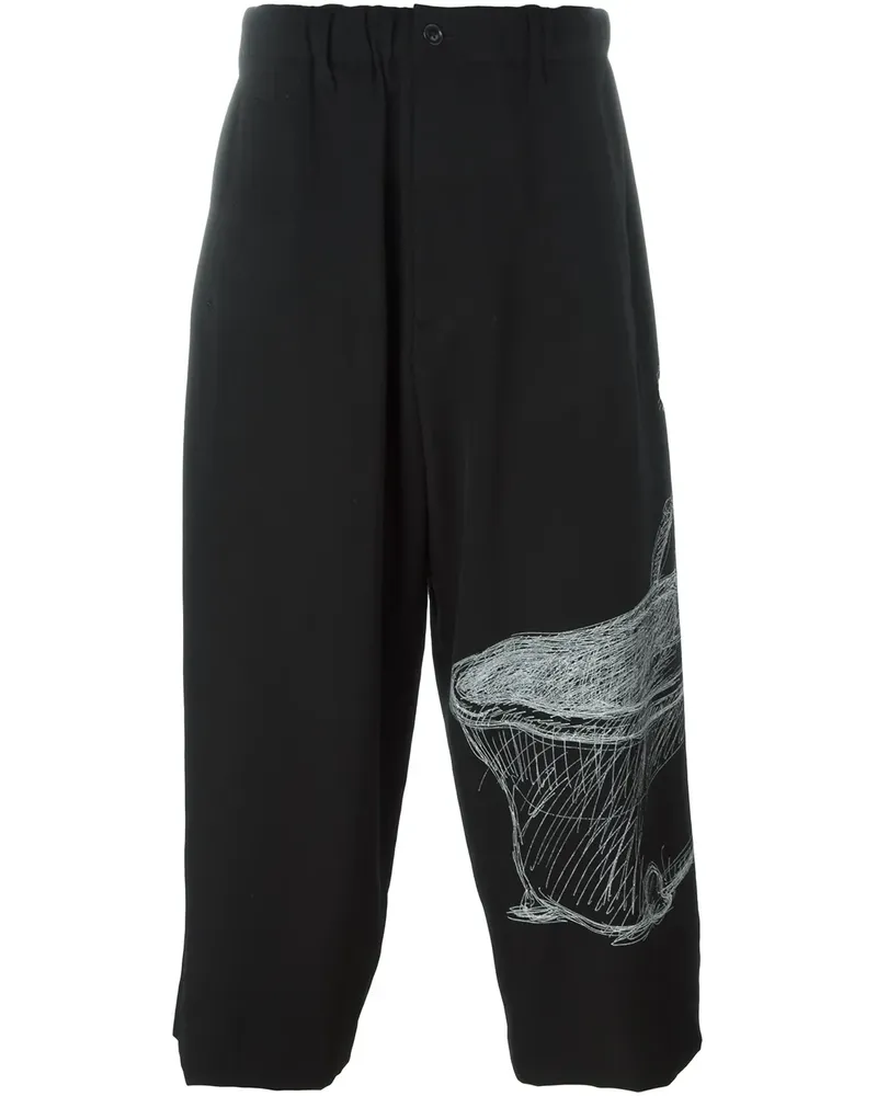 Yohji Yamamoto Cropped-Wollhose mit Skelett-Print - Schwarz Schwarz