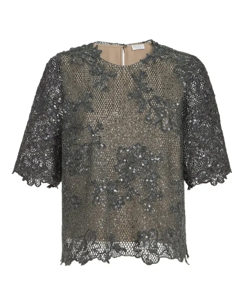 Brunello Cucinelli T-Shirt mit schimmernder Spitzenstickerei aus funkelndem Mohair und Wolle - Grau Grau
