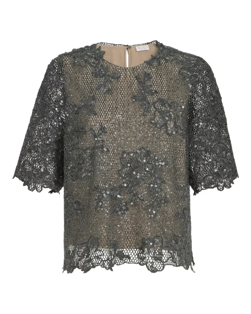 Brunello Cucinelli T-Shirt mit schimmernder Spitzenstickerei aus funkelndem Mohair und Wolle - Grau Grau