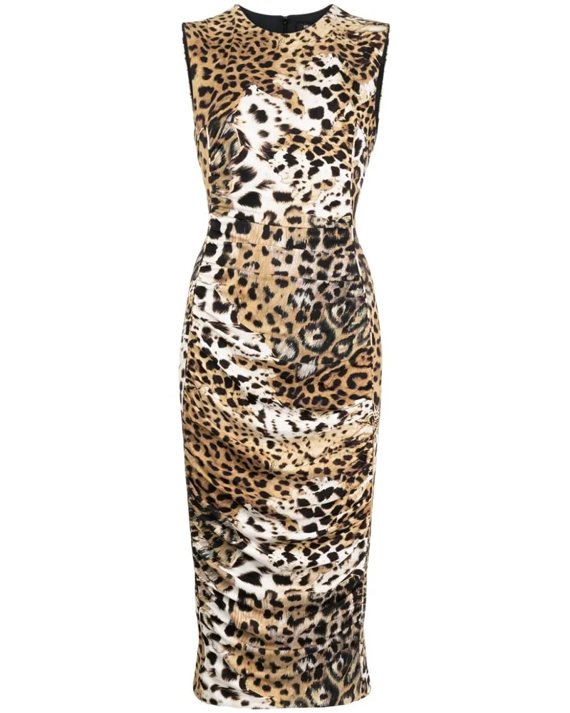 Roberto Cavalli Gerafftes Midikleid mit Jaguar-Print - Braun Braun