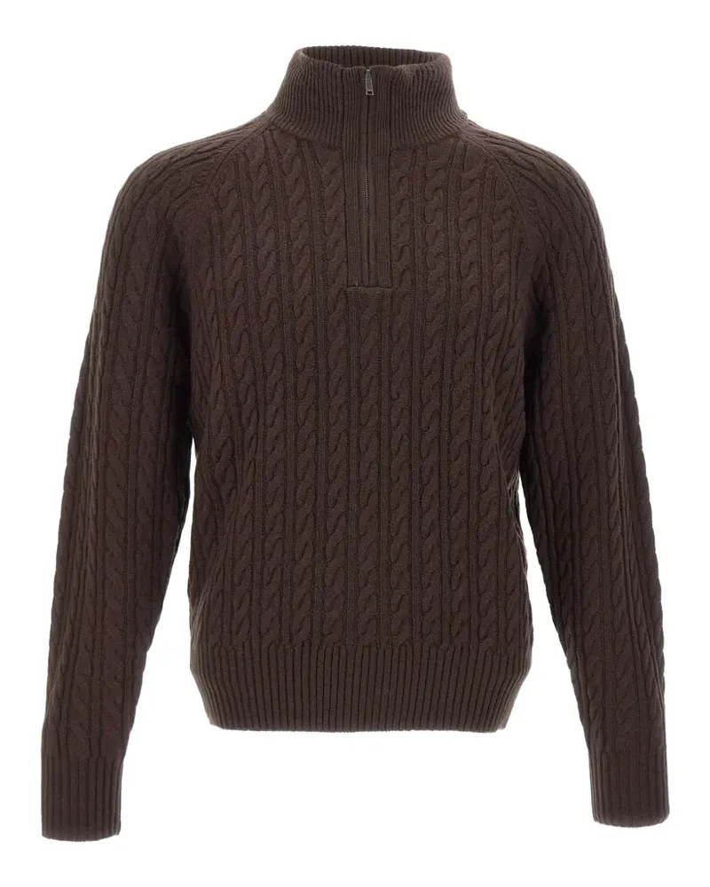 HUGO BOSS zip-neck sweater with an all-over cable-pattern - Braun Braun