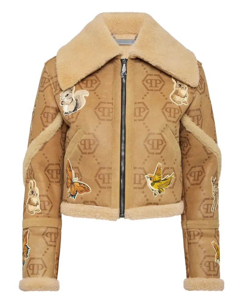 Philipp Plein Shearling-Jacke mit Monogramm-Stickerei - Nude Nude