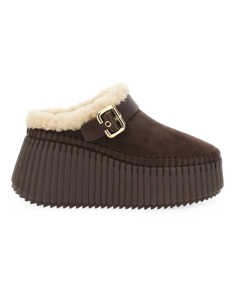 Chloé Nama buckle-fastening shearling-lined wedge mules - Braun Braun
