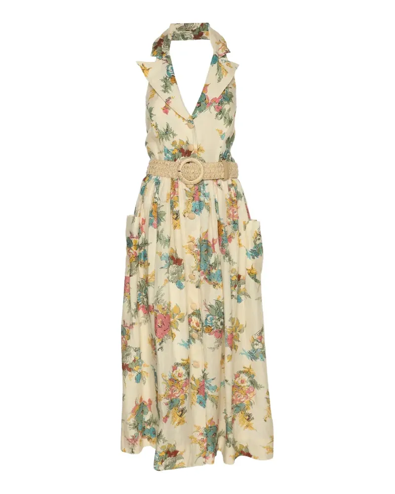Zimmermann Neckholder-Midikleid aus Leinen mit Blumenprint - Nude Nude