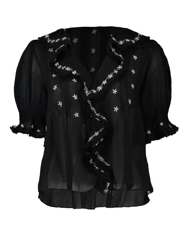 DÔEN Hettie floral-embroidered ruffled blouse - Schwarz Schwarz