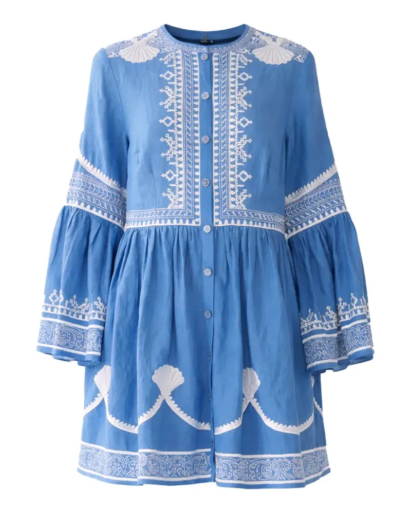 Camilla button-details flared-sleeve mini linen dress - Blau Blau