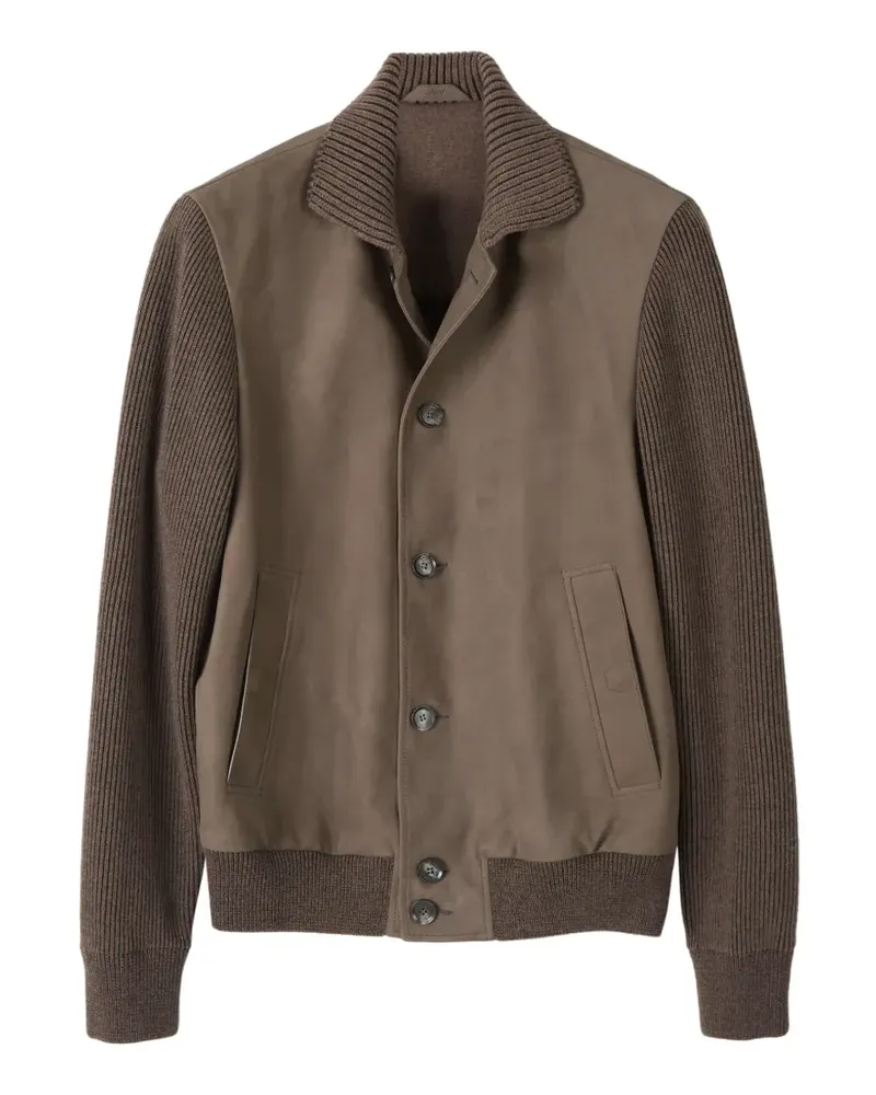Brioni knitted-sleeve leather jacket - Braun Braun
