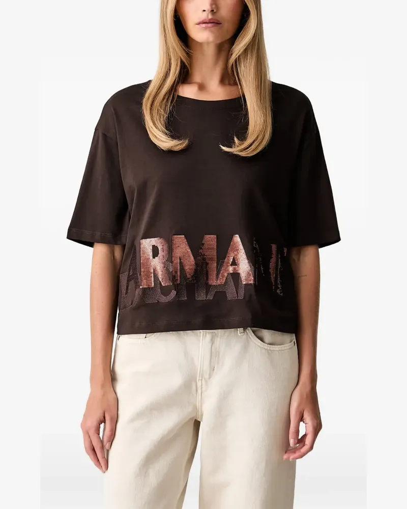 Armani Exchange T-Shirt mit Pailletten-Logo - Braun Braun
