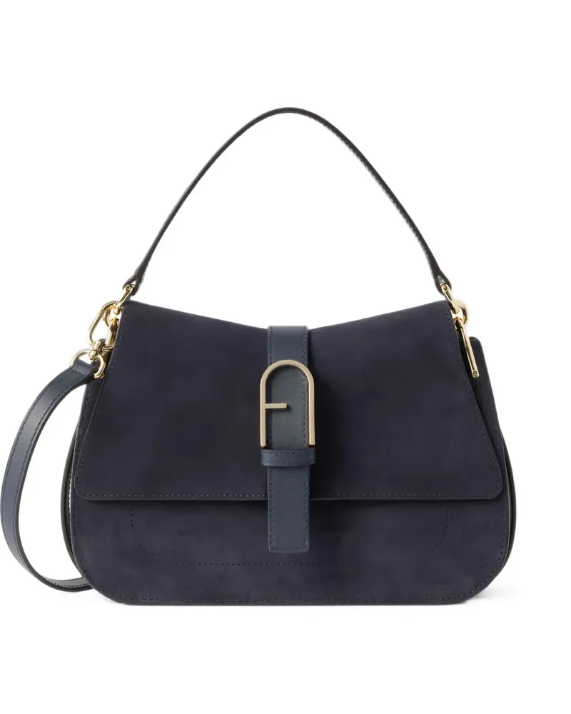 Furla logo-plaque suede clutch bag - Blau Blau