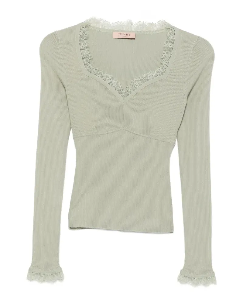 Twin-Set Pullover mit Spitzenborte - Grün Grün
