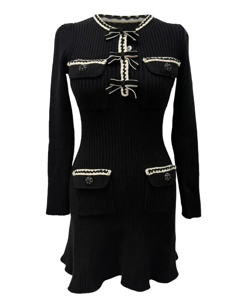 Self-Portrait Geripptes Strickkleid mit Schleifendetail - Schwarz Schwarz