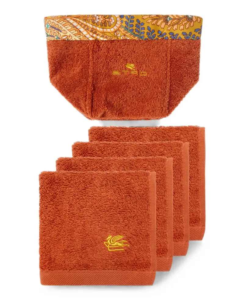 Etro Pegaso-embroidered paisley-trim basket and towels set (set of four) - Orange Orange